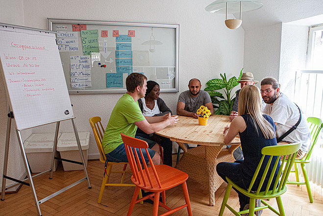 Team-Besprechung an einem runden Tisch mit sechs Personen.